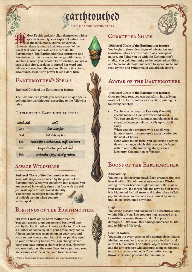 Cover Page of Earthtouched Circle of the Earthmother 5e Subclass